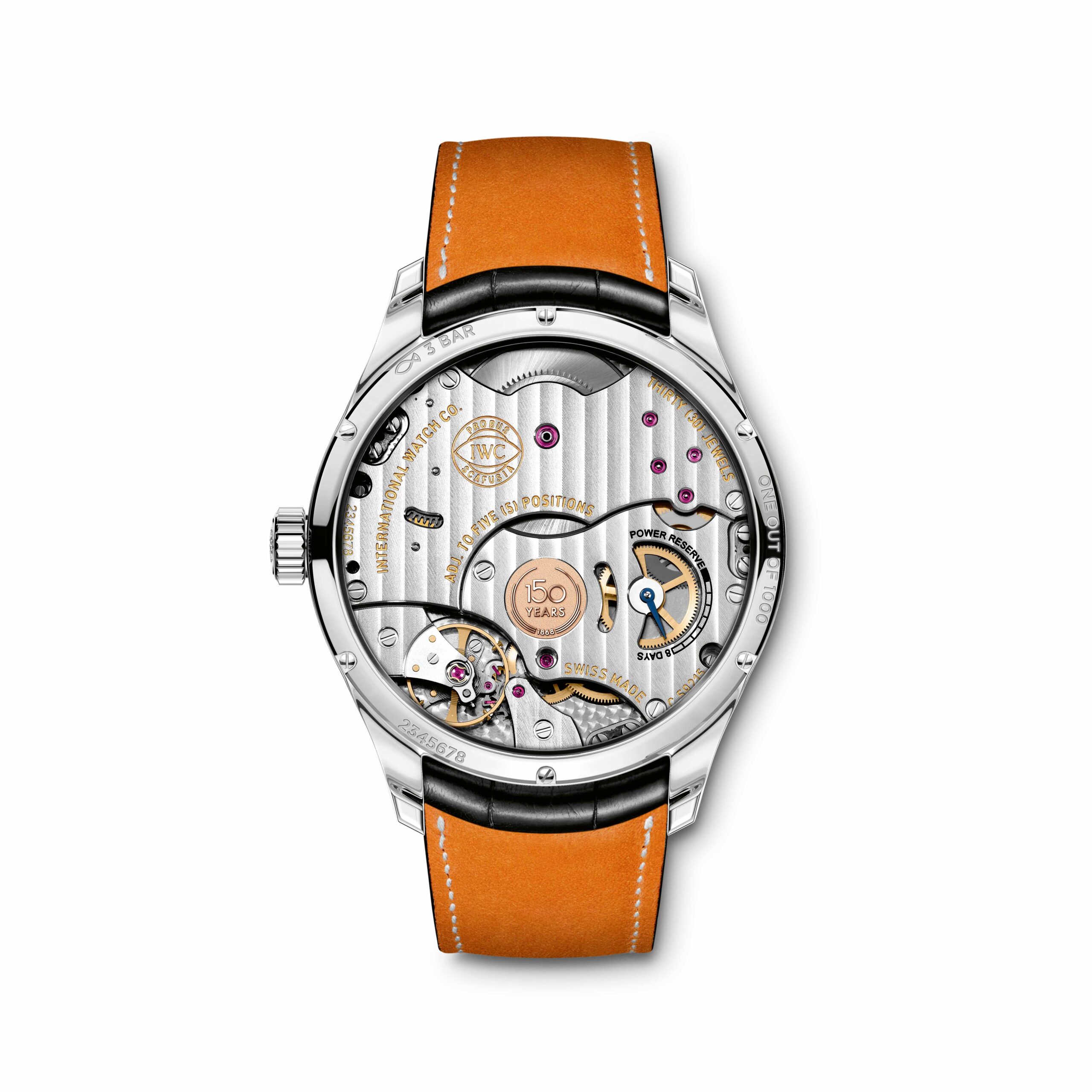 The IWC-manufactured hand-wound 59215 calibre offers an 8-day power reserve. The power reserve display is on the back of the movement and visible via a glass back cover.