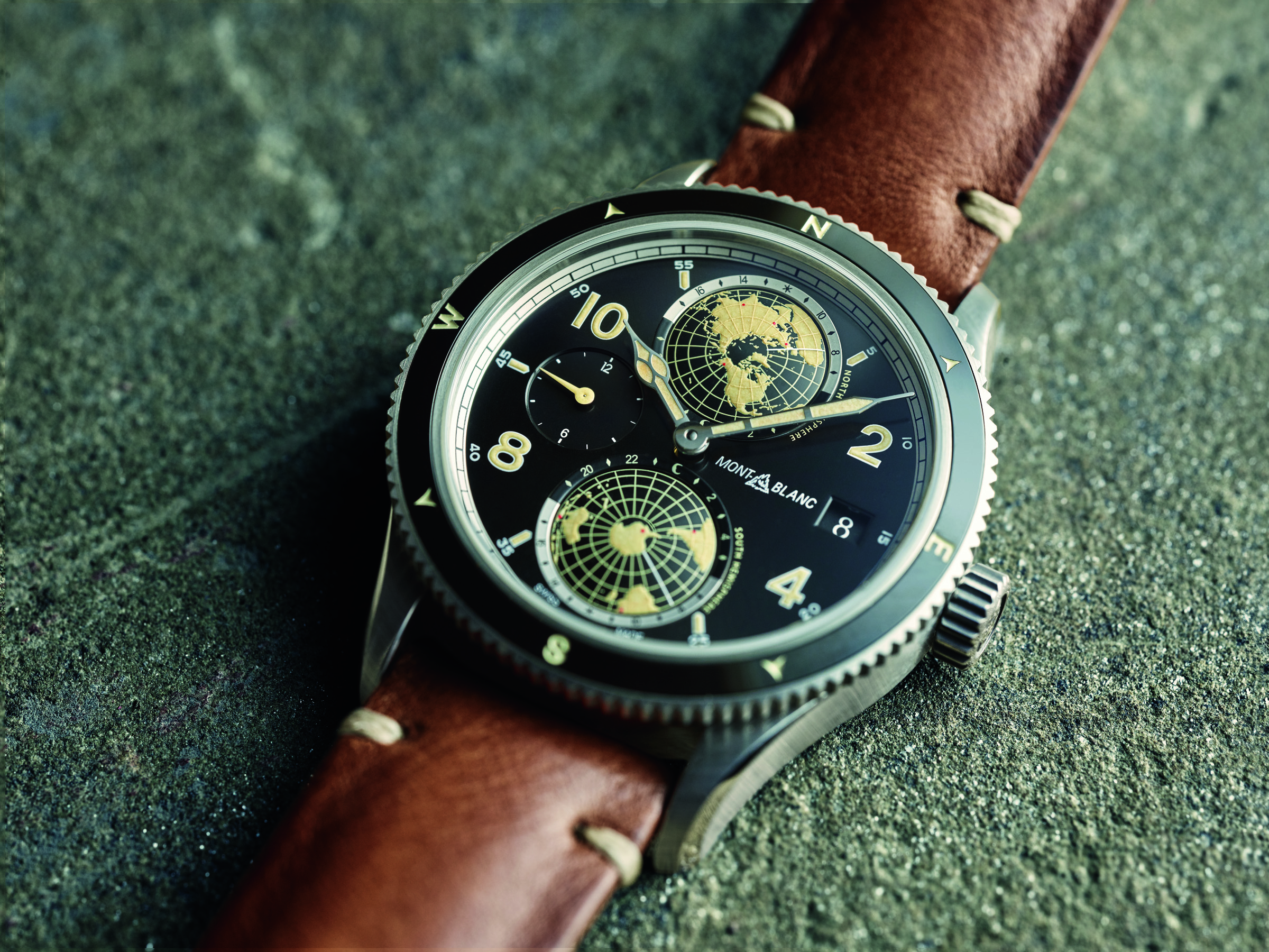 Montblanc 1858 Geosphere Limited Edition 1858. This timepiece features a brand-new manufacture worldtime complication powered by the calibre MB 29.25, developed by the Montblanc engineers in Villeret.