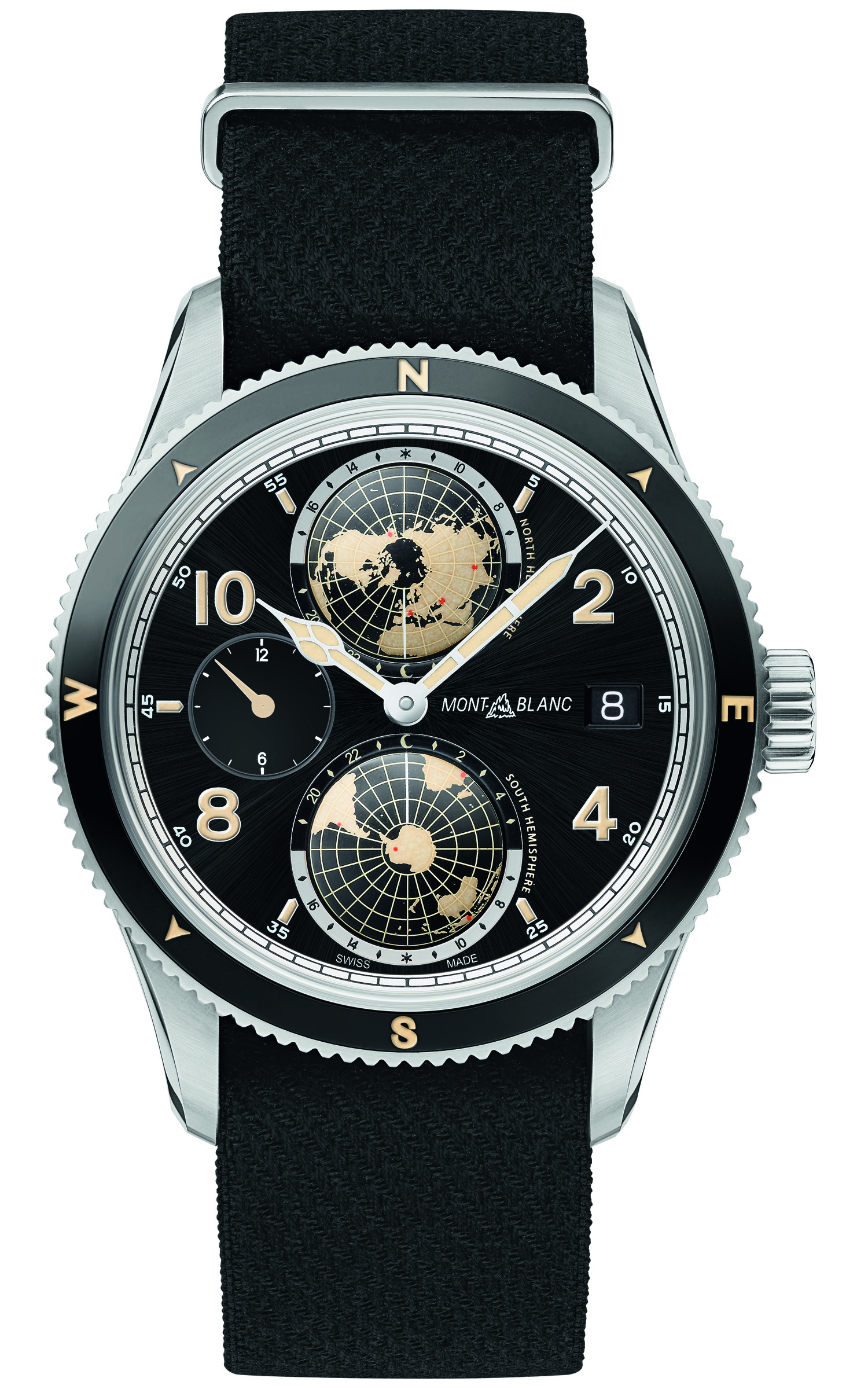 Montblanc 1858 Geosphere Limited Edition 1858. A new bidirectional stainless steel or bronze bezel with shiny black ceramic completes the design.