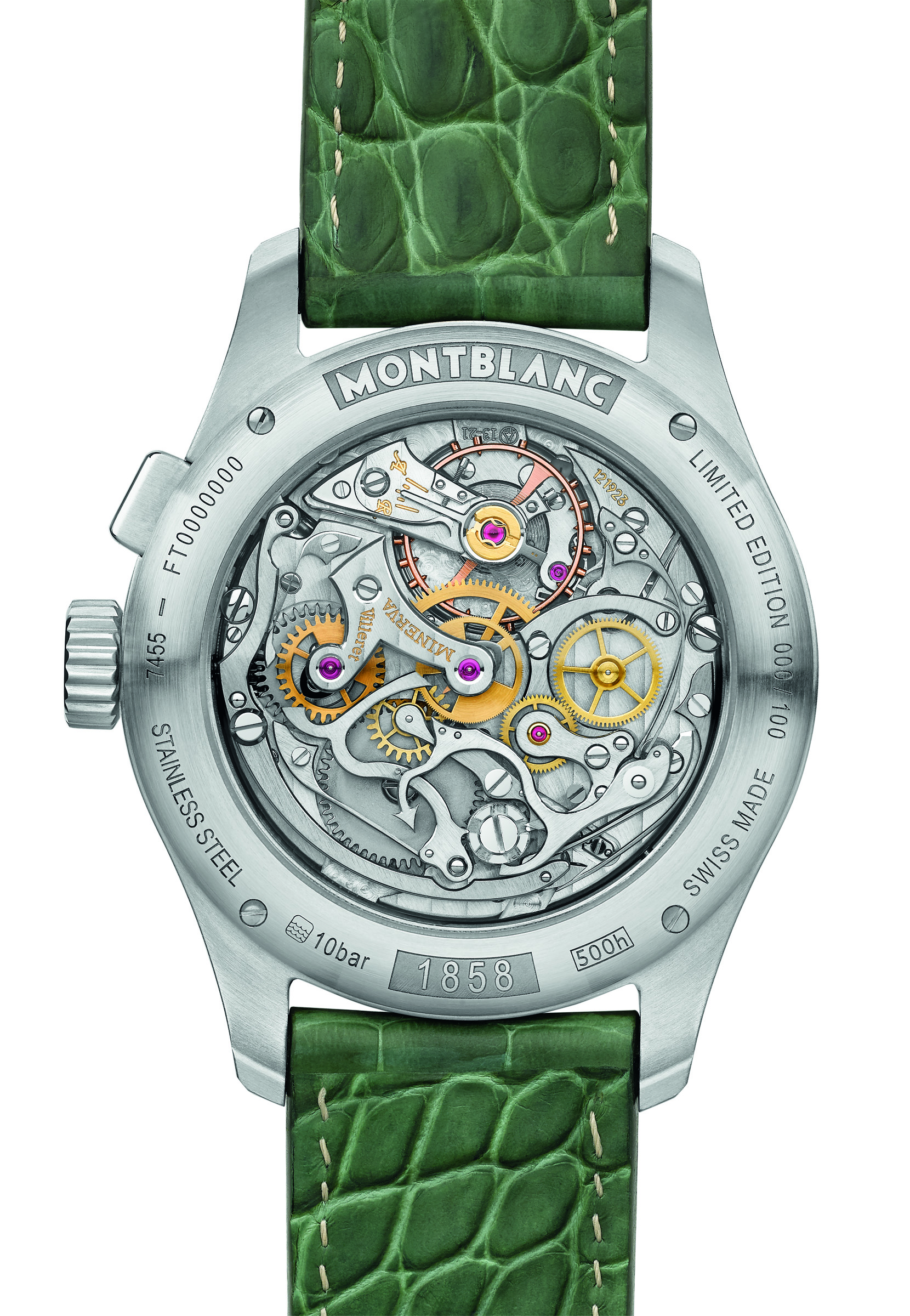 Manufacture monopusher chronograph Calibre MB M13.21, composed of a large balance wheel with 18 screws beating at the traditional frequency of 18,000 A/H, a column wheel and horizontal coupling. 